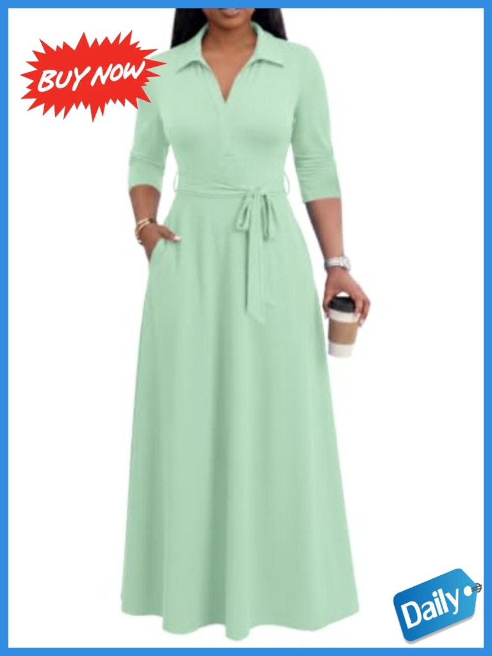 Women's Maxi Dress 3/4 Sleeve V-Neck Semi Formal Church Dress with Pockets